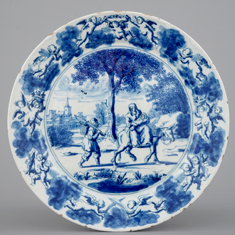 Une belle assiette en Delft bleu et blanc "La fuite en Egypte", 1690-1710